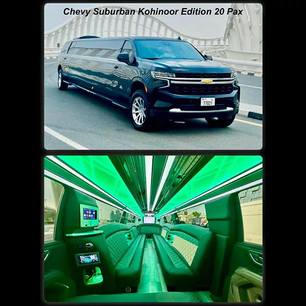 Rent Chevrolet Suburban Limousine in Dubai Abu Dhabi Sharjah UAE 20 Persons