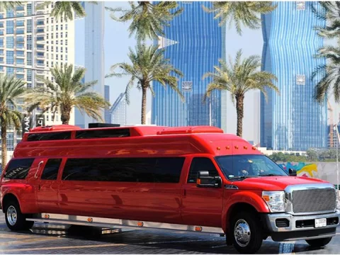 Rent Ford F550 Red Limousine in Dubai Abu Dhabi Sharjah UAE 25 Seater